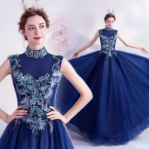 Vintage Retro Royal Blue Prom Dresses 2020 A Line Princess High Neck Sequins Rhinestone Lace Flower Sleeveless Backless Floor Length Long Formal Dresses