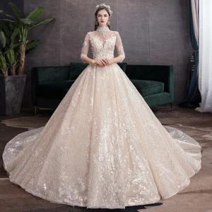 Elegante High End Champagne Trouwjurken 2020 Baljurk Hoge Kraag Kralen Pailletten Appliques 3 4 Mouwen Ruglooze Royal Train