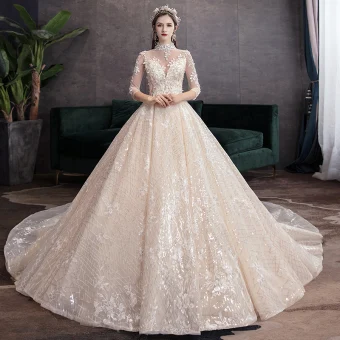 Elegant High End Champagne Wedding Dresses 2020 Ball Gown High Neck Beading Sequins Appliques 3 4 Sleeve Backless Royal Train