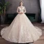 Elegant High-end Champagne Wedding Dresses 2020 Ball Gown High Neck Beading Sequins Appliques 3/4 Sleeve Backless Royal Train
