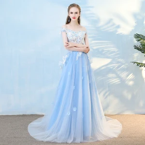 Élégant Bleu Ciel Robe De Soirée 2018 Princesse Appliques Perle Faux Diamant De L Épaule Avec Châle Dos Nu Manches Courtes Tribunal Train Robe De Ceremonie