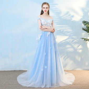 Elegant Sky Blue Evening Dresses 2018 A Line Princess Appliques Pearl Rhinestone Off The Shoulder With Shawl Backless Short Sleeve Court Train Formal Dresses