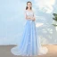 Elegant Sky Blue Evening Dresses  2018 A-Line / Princess Appliques Pearl Rhinestone Off-The-Shoulder With Shawl Backless Short Sleeve Court Train Formal Dresses