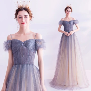 Charming Sky Blue Gradient Color Prom Dresses 2020 A Line Princess Spaghetti Straps Rhinestone Glitter Tulle Short Sleeve Backless Floor Length Long Formal Dresses