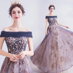 Chic Bleu Marine Robe De Bal 2020 Princesse De L Épaule Glitter Perlage Faux Diamant Paillettes Appliques Sans Manches Dos Nu Longue Robe De Ceremonie