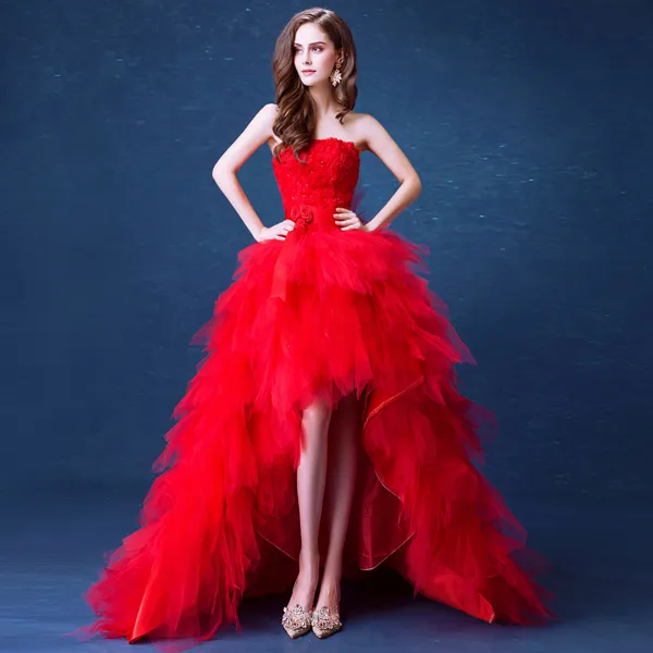 Sexy Red Asymmetrical Wedding Dresses 2020 Ball Gown Strapless Crystal Appliques Sash Sleeveless Backless Cascading Ruffles Court Train