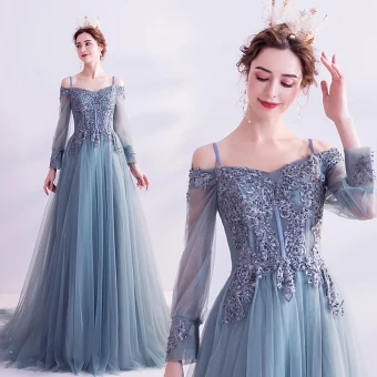 Classy Pool Blue Prom Dresses 2020 A Line Princess Spaghetti Straps Sequins Lace Flower Long Sleeve Backless Court Train Formal Dresses