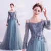 Classy Pool Blue Prom Dresses 2020 A-Line / Princess Spaghetti Straps Sequins Lace Flower Long Sleeve Backless Court Train Formal Dresses