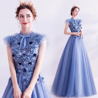 Vintage Hav Blå Ballkjoler 2020 Prinsesse Høy Hals Sløyfe Blonder Blomst Appliques Uten Ermer Ryggløse Lange Formelle Kjoler