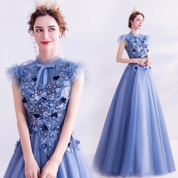 Vintage Originale Océan Bleu Robe De Bal 2020 Princesse Col Haut Noeud En Dentelle Fleur Appliques Sans Manches Dos Nu Longue Robe De Ceremonie