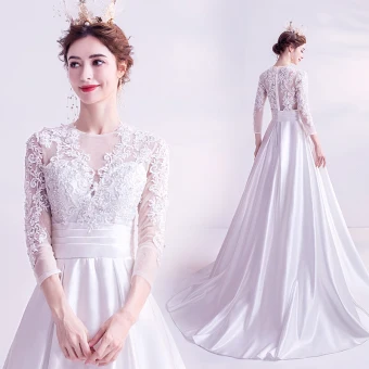 Elegant Ivory Prom Dresses 2020 A Line Princess Scoop Neck 3d Lace Beading Rhinestone Sequins 3 4 Sleeve Court Train Formal Dresses