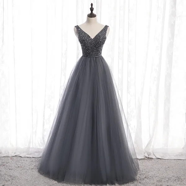 Chic / Beautiful Grey Prom Dresses 2020 A-Line / Princess V-Neck Beading Crystal Sleeveless Backless Floor-Length / Long Formal Dresses