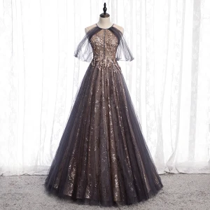 Charmant Noire Doré Glitter Robe De Bal 2020 Princesse Encolure Dégagée Perlage Cristal Paillettes Sans Manches Dos Nu Longue Robe De Ceremonie