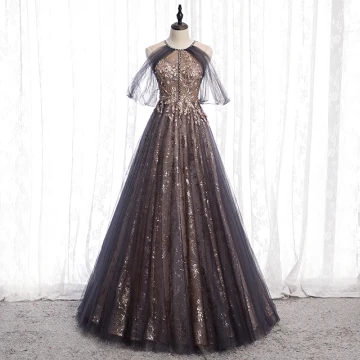 Charming Black Gold Glitter Prom Dresses 2020 A Line Princess Scoop Neck Beading Crystal Sequins Sleeveless Backless Floor Length Long Formal Dresses
