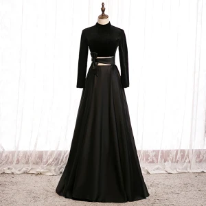 Élégant Noire Robe De Bal 2020 Princesse Daim Col Haut Noeud Manches Longues Dos Nu Longue Robe De Ceremonie