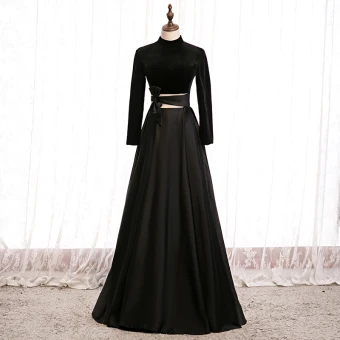 Élégant Noire Robe De Bal 2020 Princesse Daim Col Haut Noeud Manches Longues Dos Nu Longue Robe De Ceremonie
