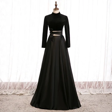 Elegant Black Prom Dresses 2020 A Line Princess Suede High Neck Bow Long Sleeve Backless Floor Length Long Formal Dresses