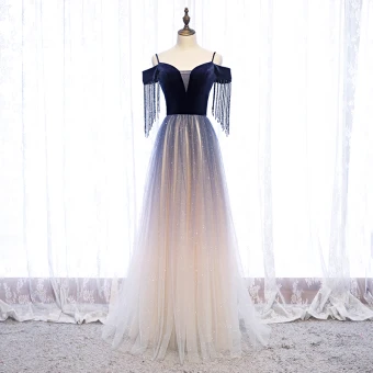 Charmant Bleu Marine Dégradé De Couleur Glitter Robe De Soirée 2020 Princesse Daim Bretelles Spaghetti Perlage Gland Manches Courtes Dos Nu Longue Robe De Ceremonie