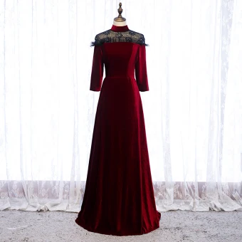 Elegante Bordeaux Avondjurken 2020 A Lijn Suede Hoge Kraag Kralen Rhinestone 3 4 Mouwen Lange Gelegenheid Jurken