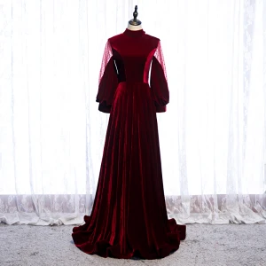 Élégant Bordeaux Robe De Soirée 2020 Princesse Daim Col Haut Manches Longues Dos Nu Noeud Train De Balayage Robe De Ceremonie