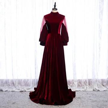 Elegant Burgundy Evening Dresses 2020 A Line Princess Suede High Neck Long Sleeve Backless Bow Sweep Train Formal Dresses