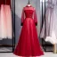Élégant Bordeaux Robe De Bal 2020 Princesse Col Haut Perlage Paillettes En Dentelle Fleur Manches Longues Dos Nu Longue Robe De Ceremonie