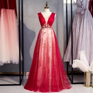 Elegante Borgoña Glitter Vestidos De Gala 2020 A Line Princess Scoop Escote Rebordear Perla Con Encaje Flor Sin Mangas Sin Espalda Largos Vestidos Formales
