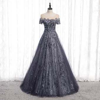 Scintillantes Gris Glitter Robe De Soirée 2020 Princesse Encolure Dégagée Perlage Paillettes Faux Diamant Manches Courtes Dos Nu Longue Robe De Ceremonie