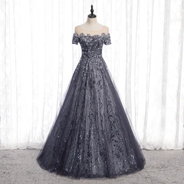 Scintillantes Gris Glitter Robe De Soirée 2020 Princesse Encolure Dégagée Perlage Paillettes Faux Diamant Manches Courtes Dos Nu Longue Robe De Ceremonie