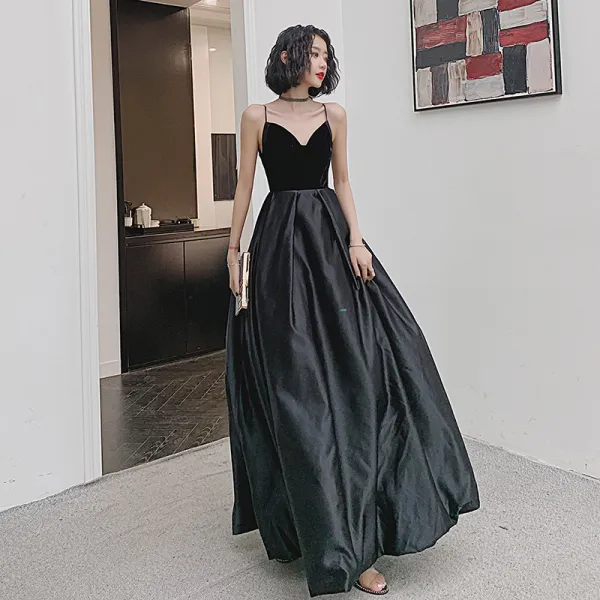 Charming Black Evening Dresses  2020 A-Line / Princess Suede Spaghetti Straps Sleeveless Backless Floor-Length / Long Formal Dresses