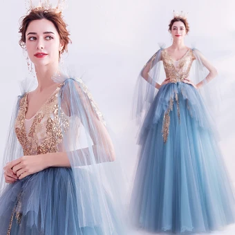 Moda Niebieskie Sukienki Na Bal 2020 Princessa V Szyja Frezowanie Cekiny Perła Bez Rękawów Bez Pleców Długie Sukienki Wizytowe