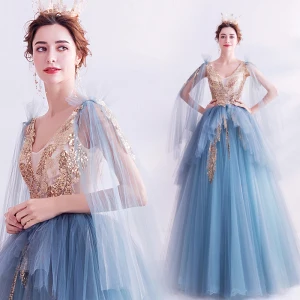 Moda Azul Vestidos De Gala 2020 A Line Princess V Cuello Rebordear Lentejuelas Perla Sin Mangas Sin Espalda Largos Vestidos Formales