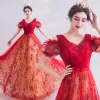 Fairytale Red Prom Dresses 2020 A-Line / Princess V-Neck Beading Crystal Sequins Bow Short Sleeve Backless Floor-Length / Long Formal Dresses