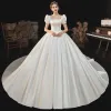 Modest / Simple Ivory Satin Wedding Dresses 2021 Ball Gown Square Neckline Short Sleeve Backless Royal Train Wedding