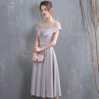 Chic Beautiful Grey Homecoming Graduation Dresses 2018 A Line Princess Rhinestone Sash Scoop Neck Short Sleeve Tea Length Formal Dresses