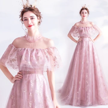 Charming Blushing Pink Prom Dresses 2020 A Line Princess High Neck Glitter Beading Crystal Sequins Short Sleeve Backless Sweep Train Formal Dresses
