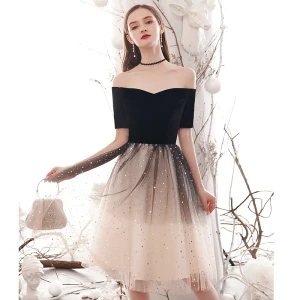 Mode Dégradé De Couleur Noire Robe De Soirée 2020 Princesse Encolure Carrée Étoile Paillettes 1 2 Manches Dos Nu Mi Longues Robe De Ceremonie
