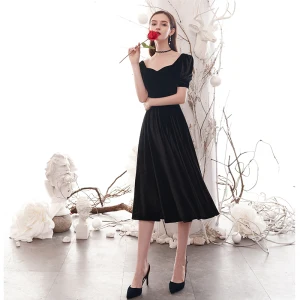 Modest Simple Black Homecoming Graduation Dresses 2020 A Line Princess Square Neckline Short Sleeve Backless Tea Length Formal Dresses