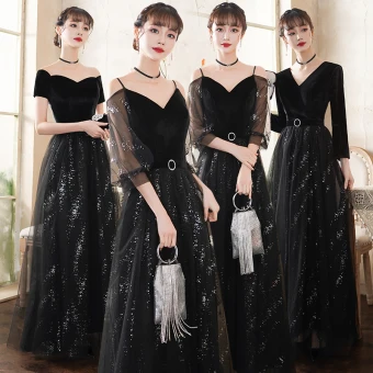 Abordable Noire Robe De Soirée 2020 Princesse Daim Ceinture Paillettes Manches Courtes Dos Nu Longue Robe De Ceremonie