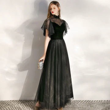 Chic Belle Noire Robe De Soirée 2020 Princesse Daim Col Haut Manches Courtes Longue Robe De Ceremonie