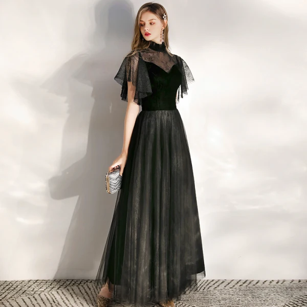 Chic / Beautiful Black Evening Dresses 2020 A-Line / Princess Suede High Neck Short Sleeve Floor-Length / Long Formal Dresses