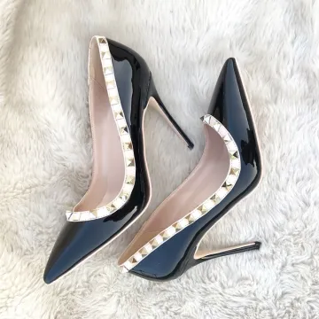 Mode Zwarte Avond Pumps 2020 Lakleer Klinknagel 10 Cm Naaldhakken Stiletto Spitse Neus Pumps