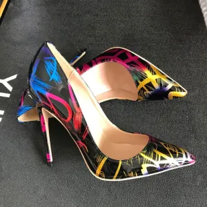 Unique Noire Griffonnage Club De Carnaval Escarpins 2020 Cuir Verni 12 Cm Talons Aiguilles À Bout Pointu Escarpins