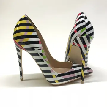 Mode Noire Blanche Rayé Désinvolte Escarpins 2020 Cuir Verni 12 Cm Talons Aiguilles À Bout Pointu Escarpins