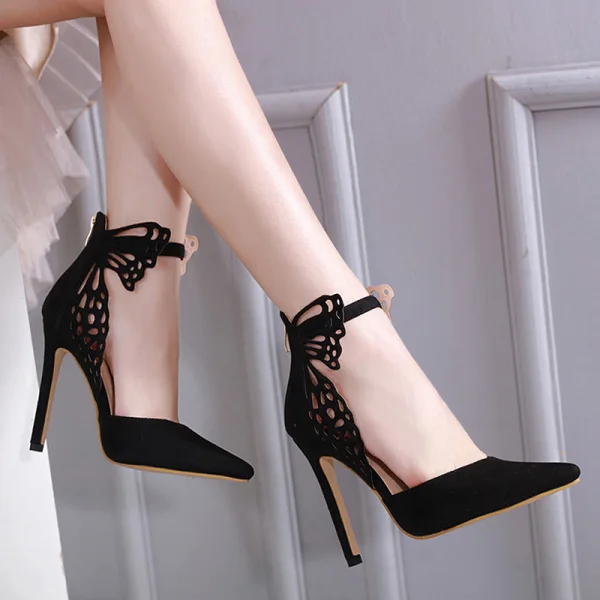 Hermoso Negro Noche Sandalias De Mujer 2020 mariposa Correa Del Tobillo 11 cm Stilettos / Tacones De Aguja Punta Estrecha High Heels