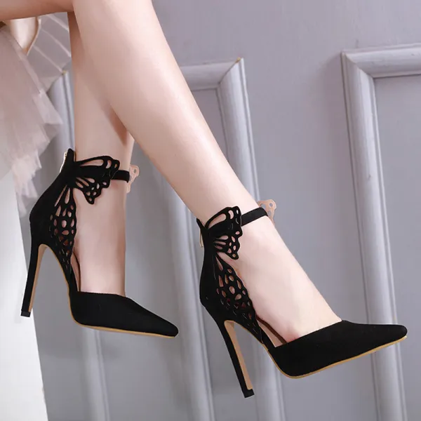 Chic / Beautiful Black Evening Party Womens Sandals 2020 Butterfly Ankle Strap 11 cm Stiletto Heels Pointed Toe High Heels