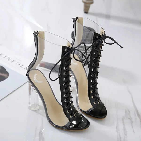 Amazing / Unique Black See-through Street Wear Womens Sandals 2020 12 cm Thick Heels Open / Peep Toe Sandals