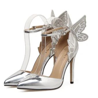 Charming Silver Evening Party Butterfly Womens Shoes 2020 Patent Leather Ankle Strap 11 Cm Stiletto Heels Pointed Toe High Heels
