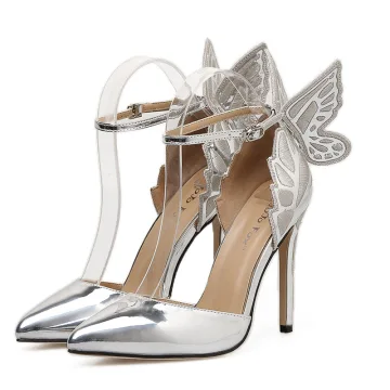 Charmant Argenté Soirée Papillon Chaussures Femmes 2020 Cuir Verni Bride Cheville 11 Cm Talons Aiguilles À Bout Pointu Talons Hauts