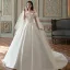 High-end Modest / Simple Ivory Satin Wedding Dresses 2021 Ball Gown Ruffle Off-The-Shoulder Short Sleeve Backless Royal Train Wedding